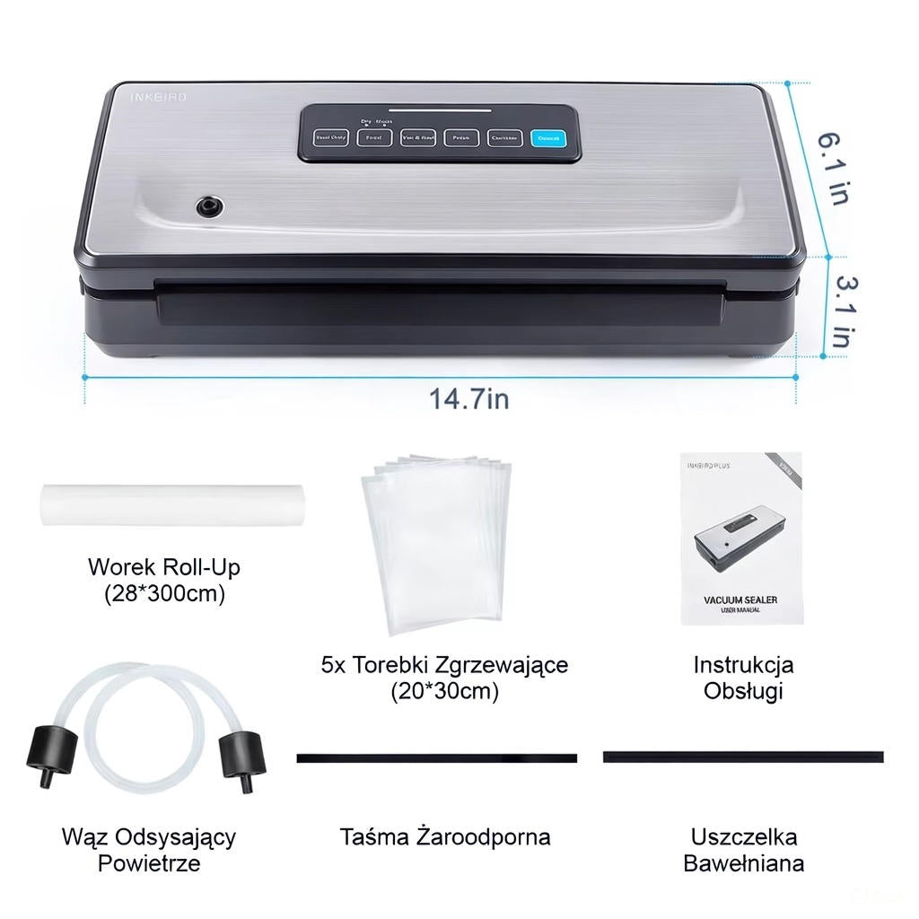 Zgrzewarka próżniowa INKBIRD. Pakowarka do żywności z trybami: suchy, wilgotny, pulsacyjny.