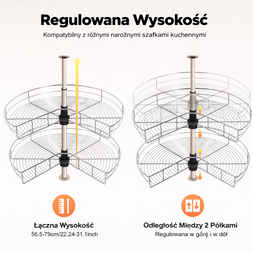 System Narożny do Kuchni 270°. Obrotowe Kosze Cargo Regulowane