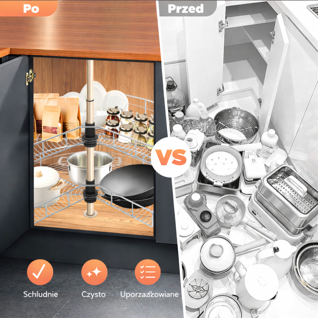 System Narożny do Kuchni 270°. Obrotowe Kosze Cargo Regulowane