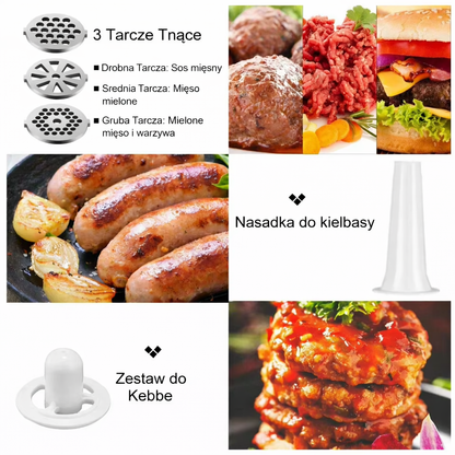 Elektryczna maszynka do mięsa 2800W. Wielofunkcyjny rozdrabniacz i szatkownica do warzyw ze stali nierdzewnej