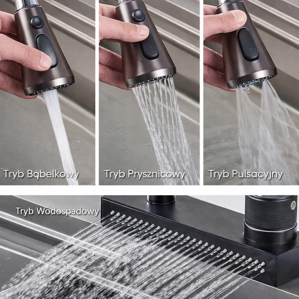 Wyciągana bateria kuchenna do zlewu i umywalki, 4 tryby