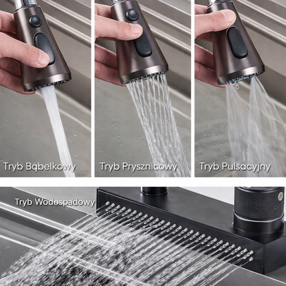 Wyciągana bateria kuchenna do zlewu i umywalki, 4 tryby