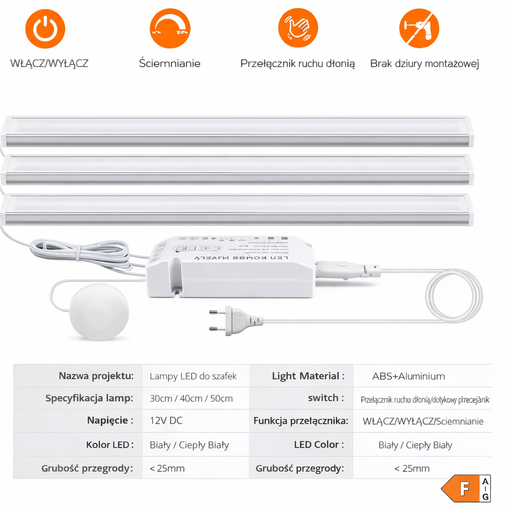 Dotykowa Lampa LED Pod Szafki z Regulacją Jasności. Oprawa Meblowa Aluminium 12V